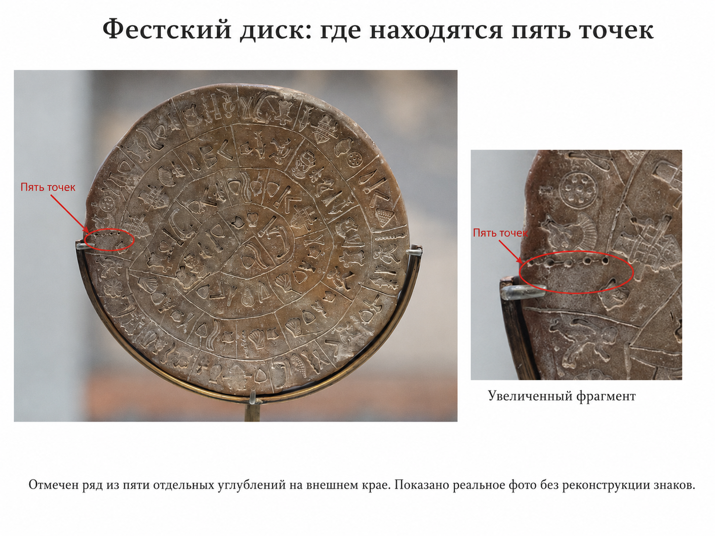 Фестский диск и увеличенный фрагмент с пятью точками у внешнего края